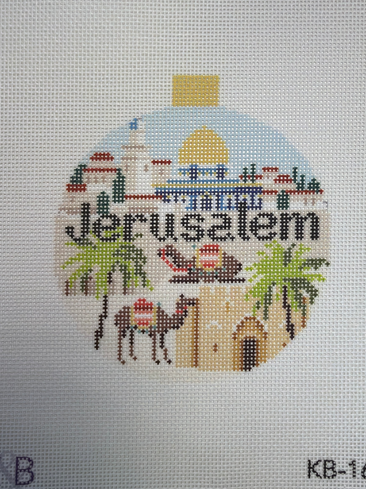 Round Jerusalem travel design with cross-stitch style text and landmarks