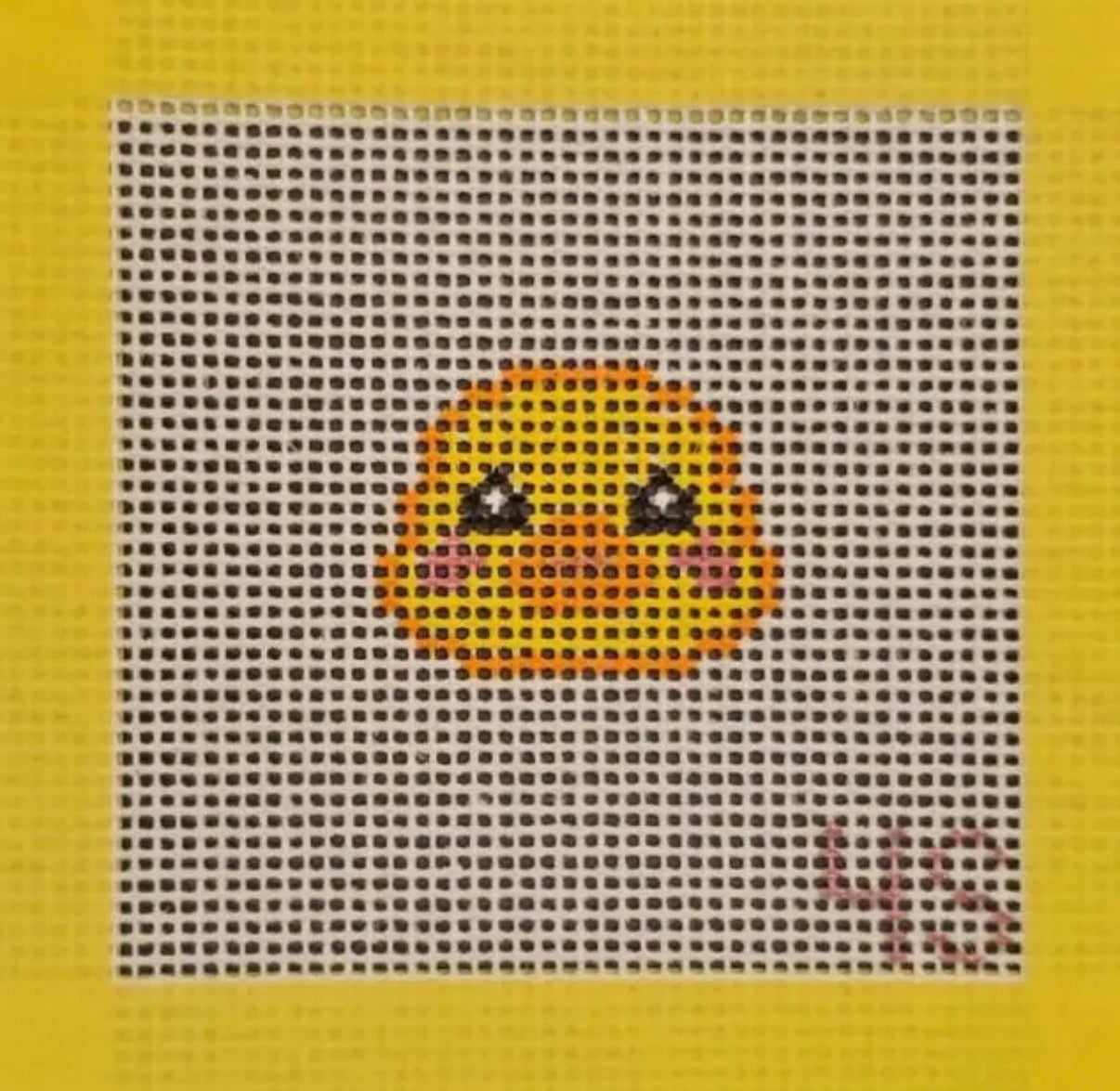 Hand-painted duck on white canvas mesh, orange body with black eyes