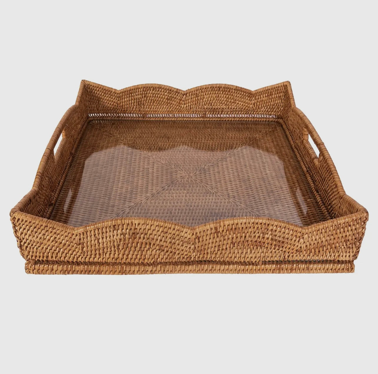 Rattan Scalloped Square Tray w/glass