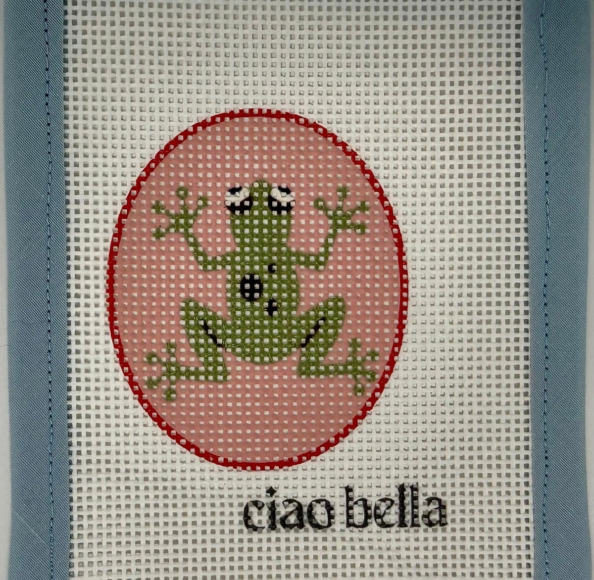 Freddy Frog fabric patch with green smiling frog, red border, and ciao bella text