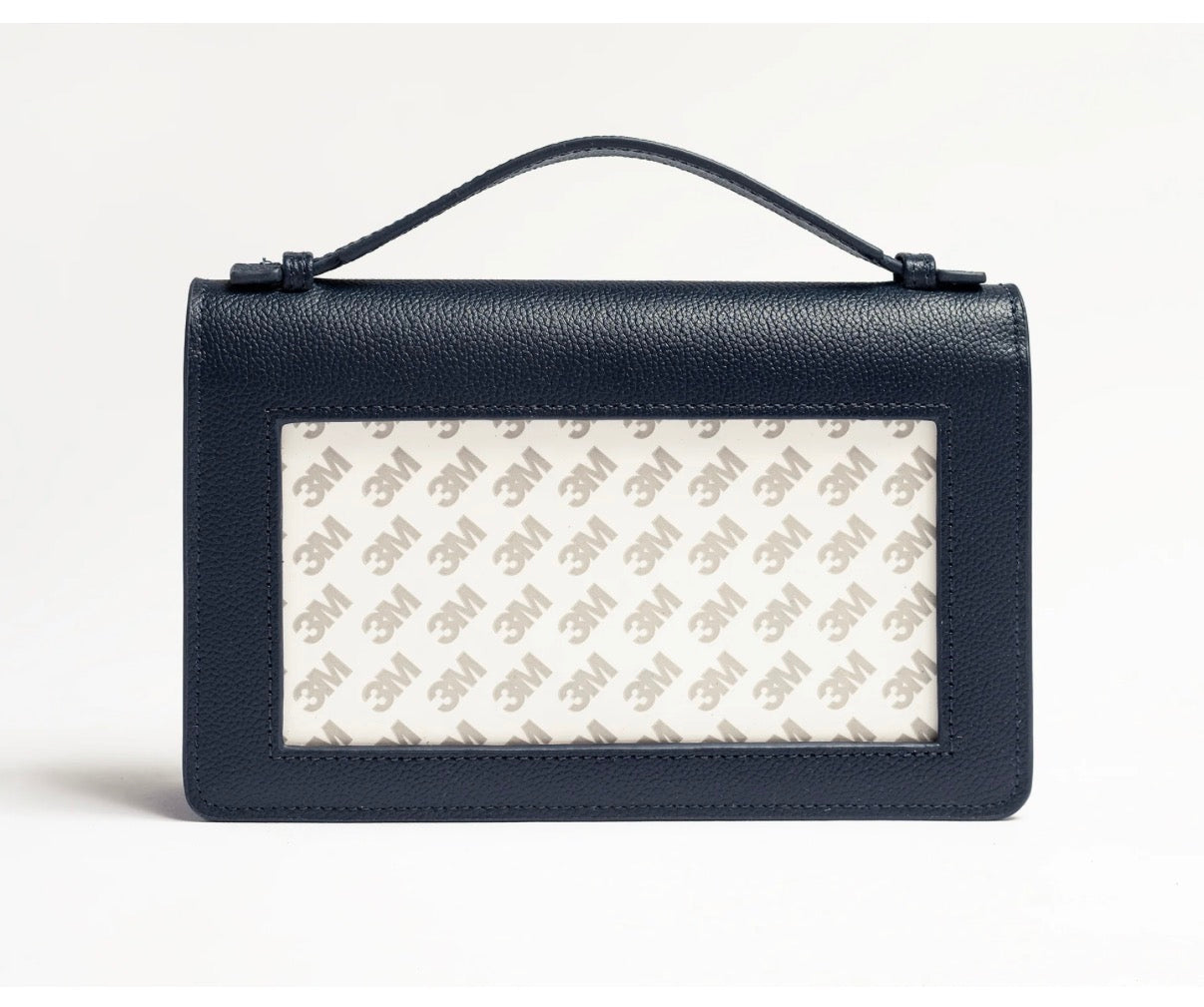Navy leather clutch with top handle and rectangular front window lining