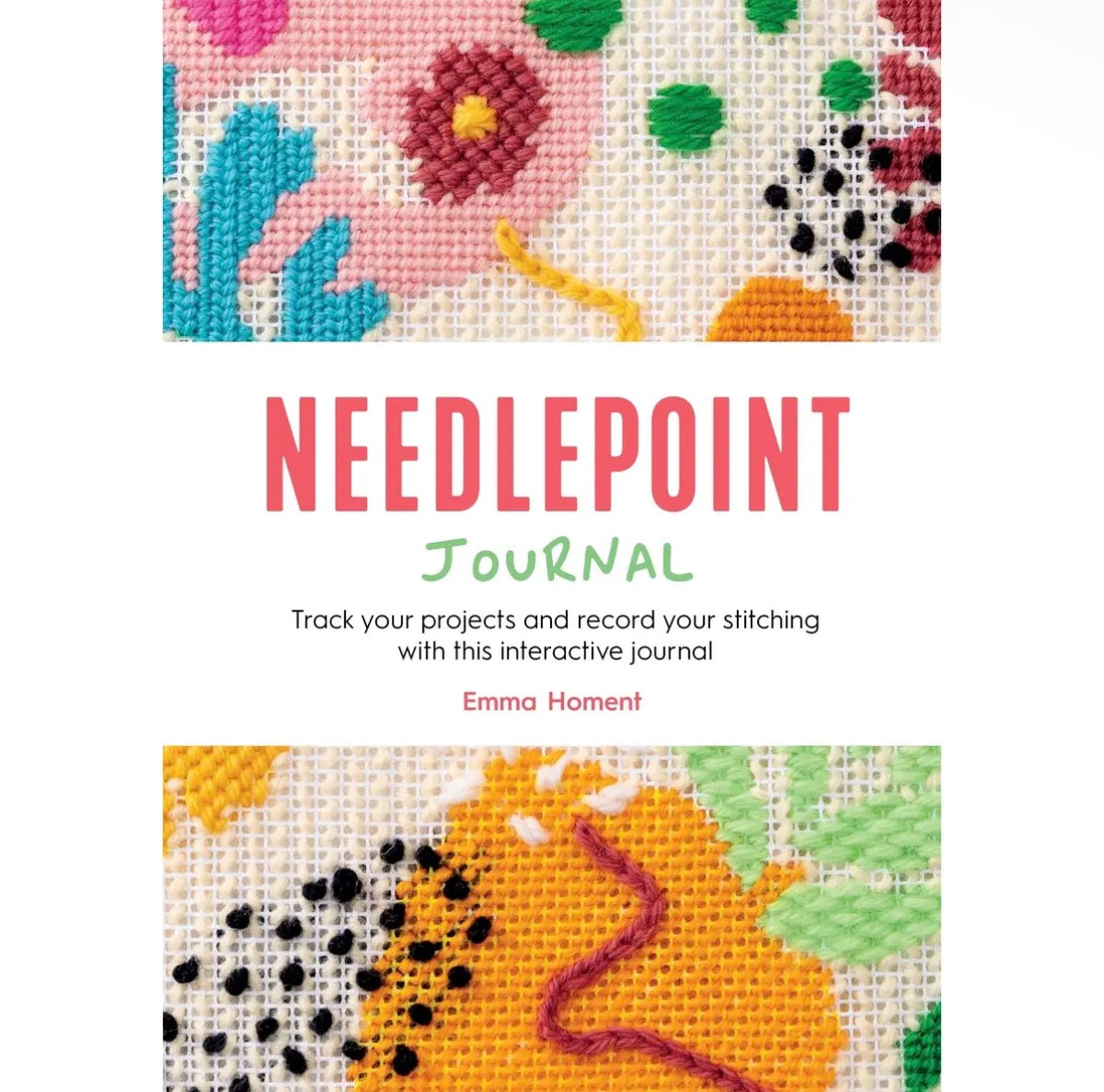 Needlepoint journal with pink title and multicolor stitch pattern cover