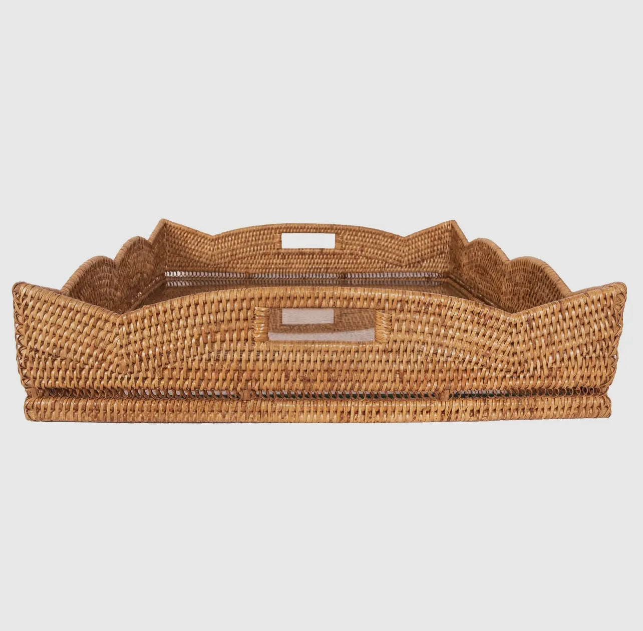 Rattan Scalloped Square Tray w/glass