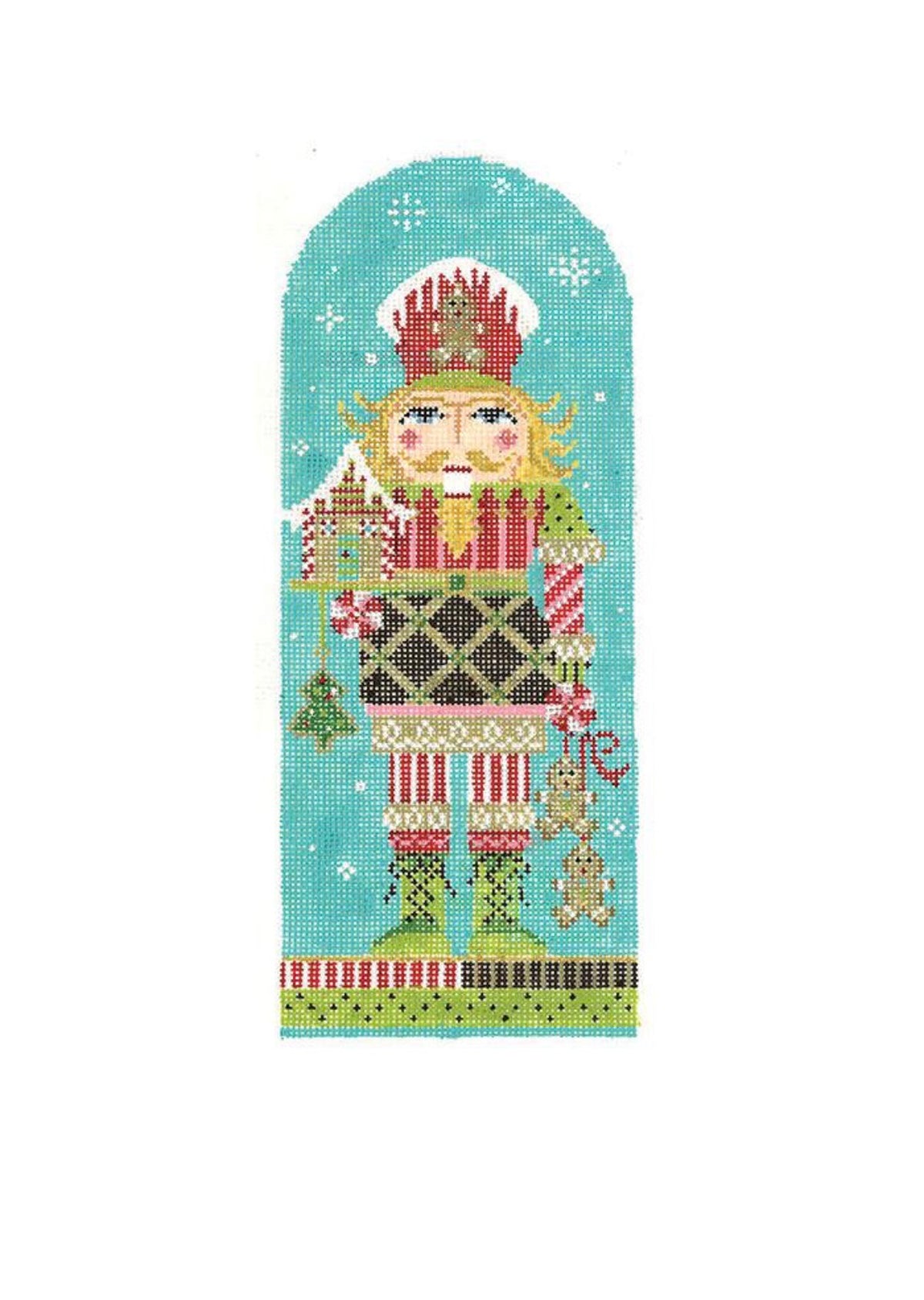 Gingerbread nutcracker cross-stitch canvas with teal background and detailed multicolor outfit