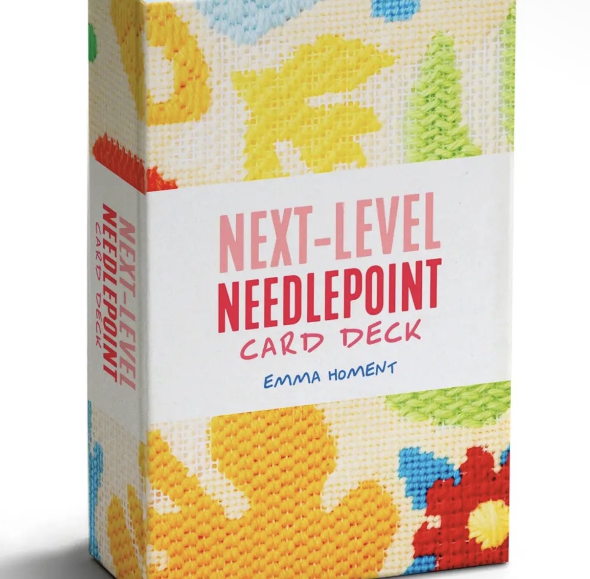 Needlepoint card deck with colorful stitch artwork on the box cover