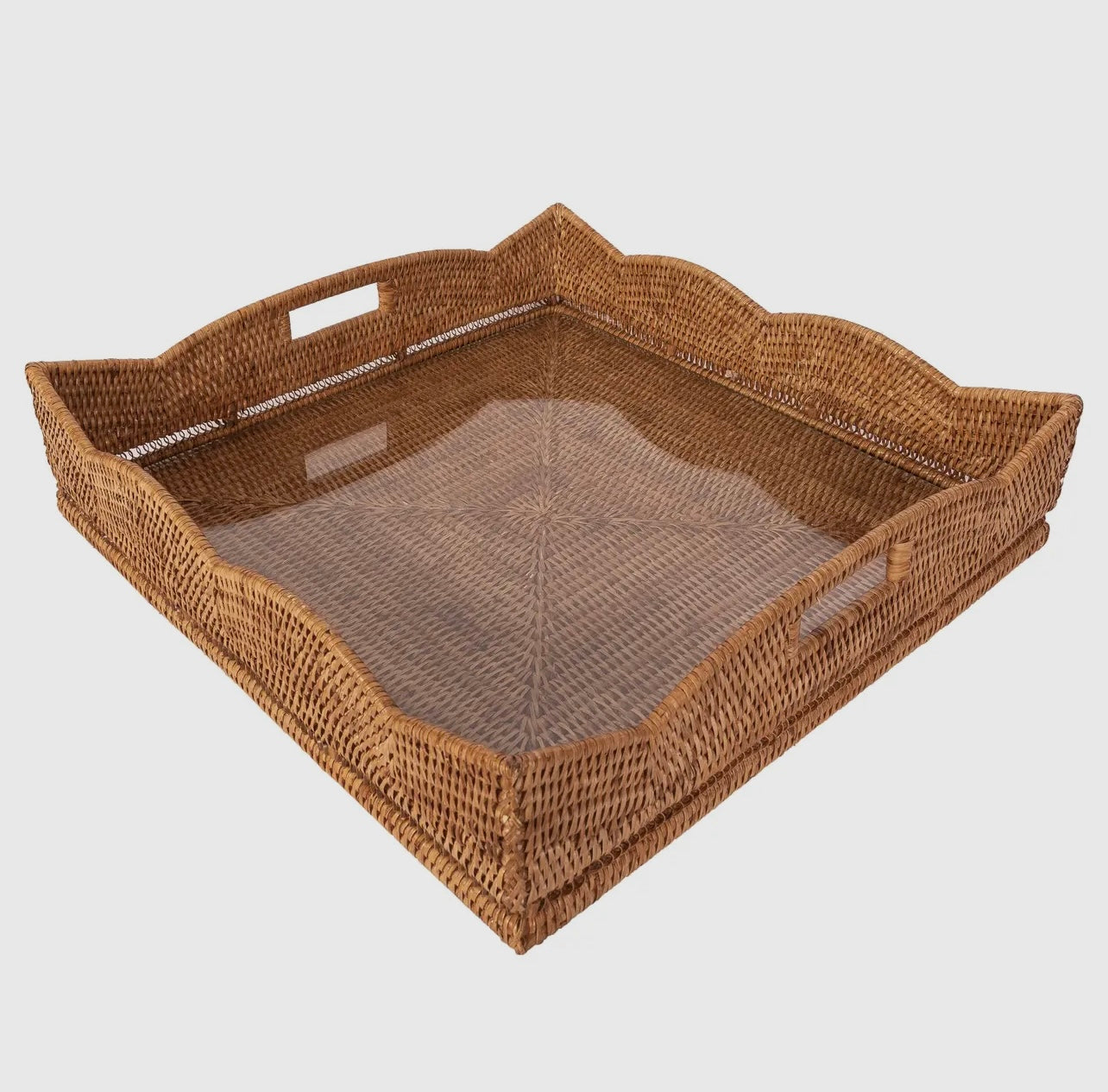 Rattan Scalloped Square Tray w/glass