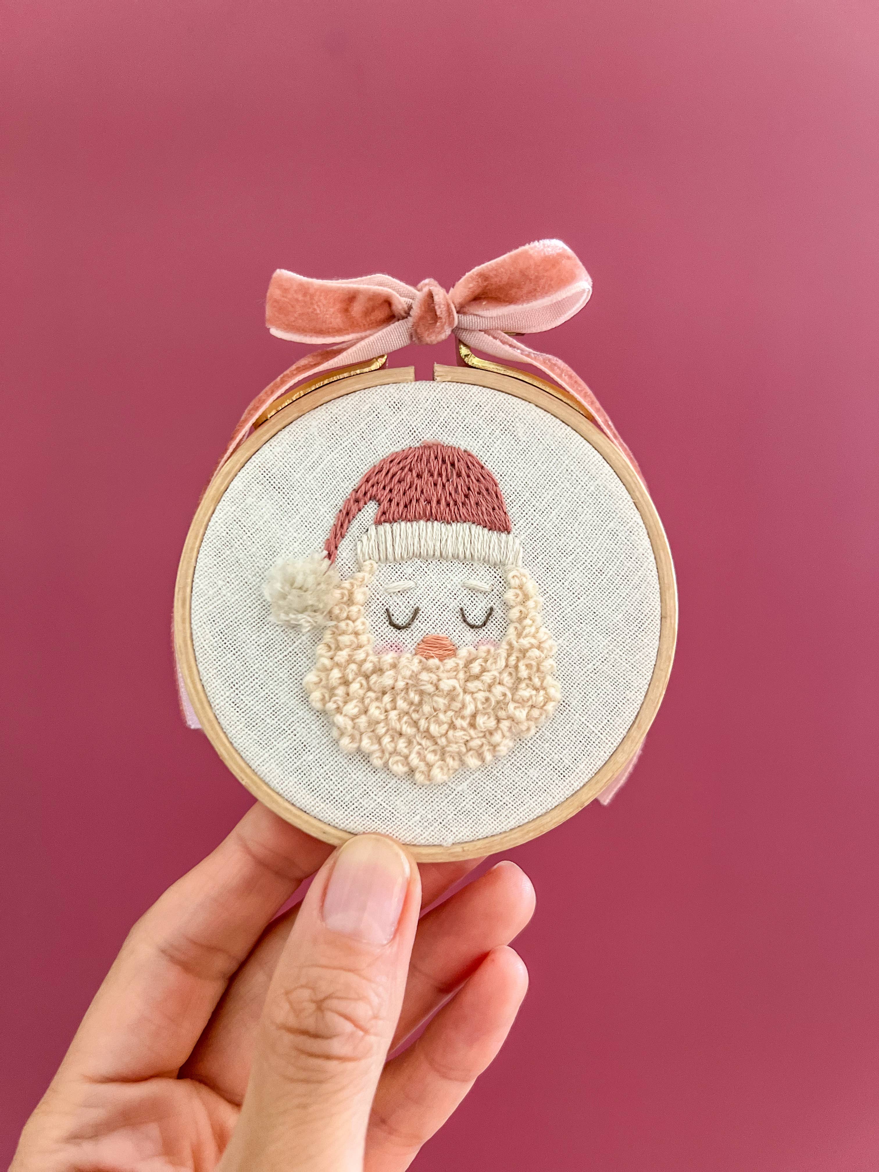 Santa Embroidery Kit, 3” Christmas Tree Ornament, DIY craft