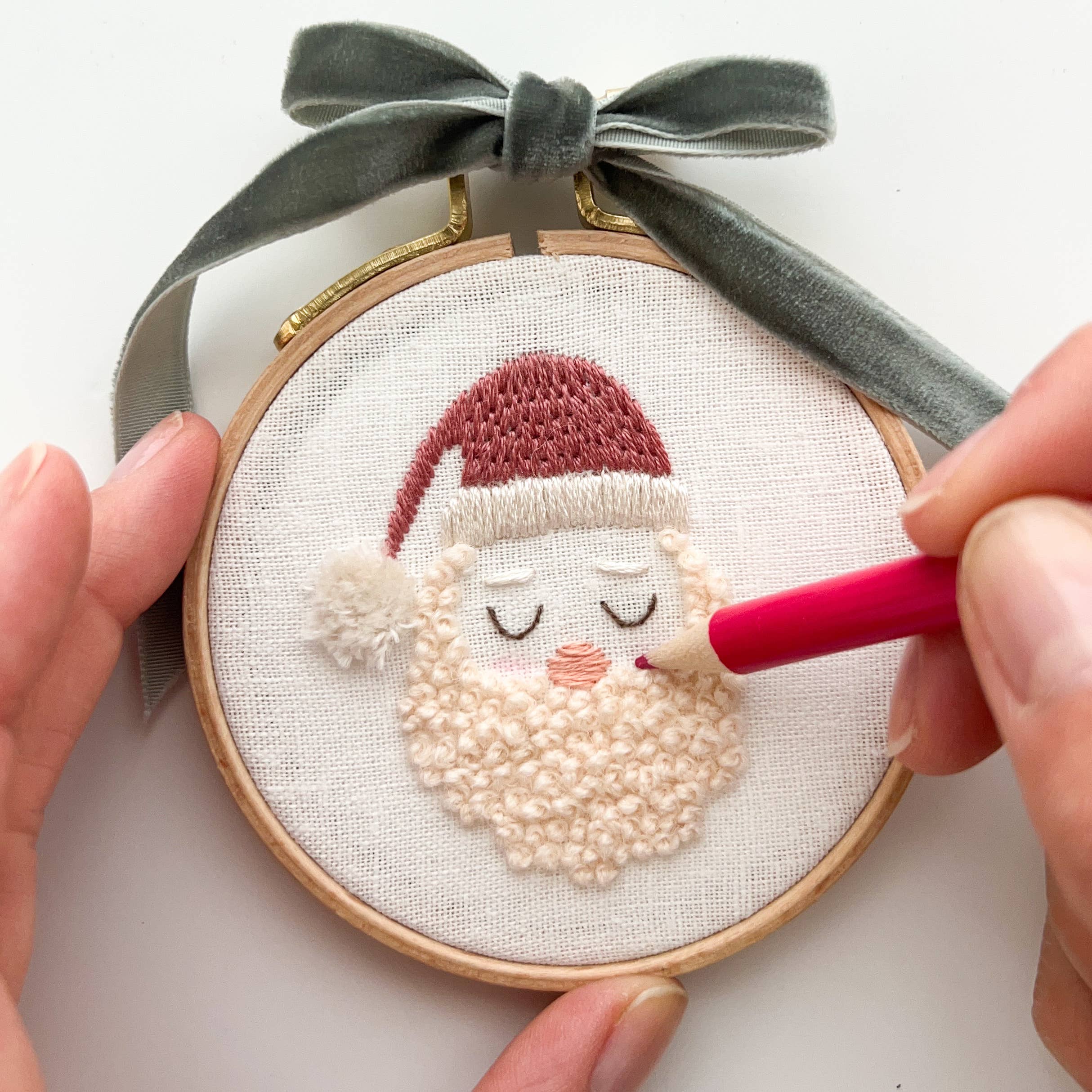 Santa Embroidery Kit, 3” Christmas Tree Ornament, DIY craft