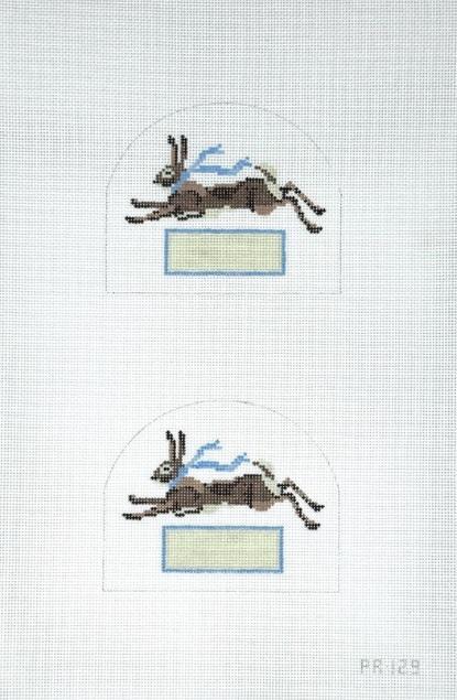 Easter place card with a brown rabbit under an arched label and light blue border