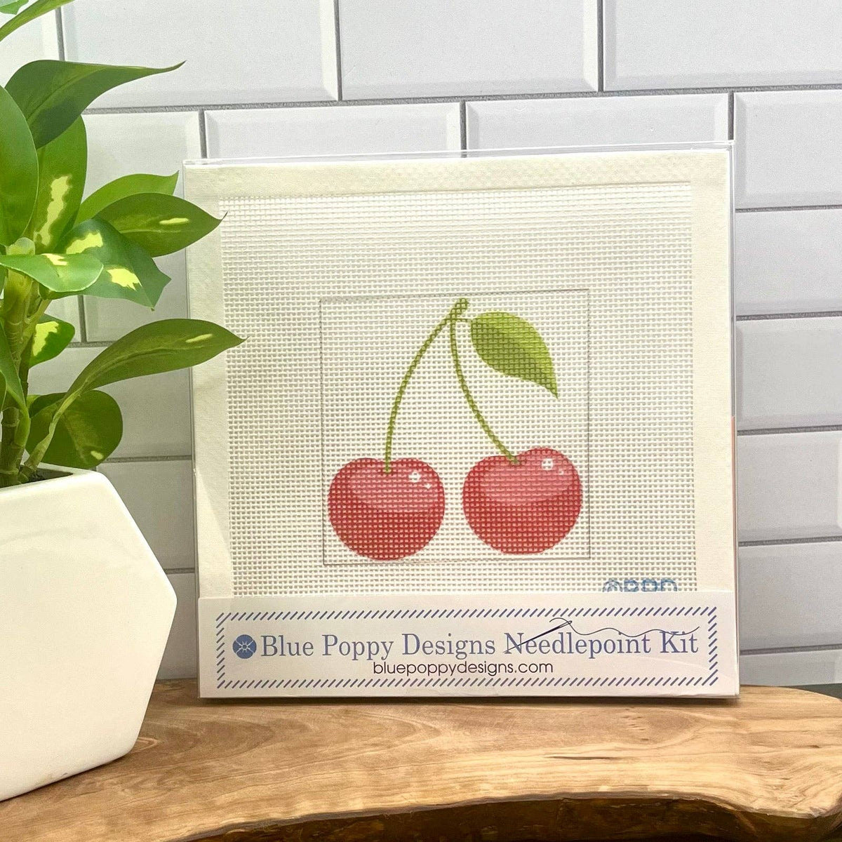 Needlepoint kit with framed canvas featuring red cherries and green stems motif