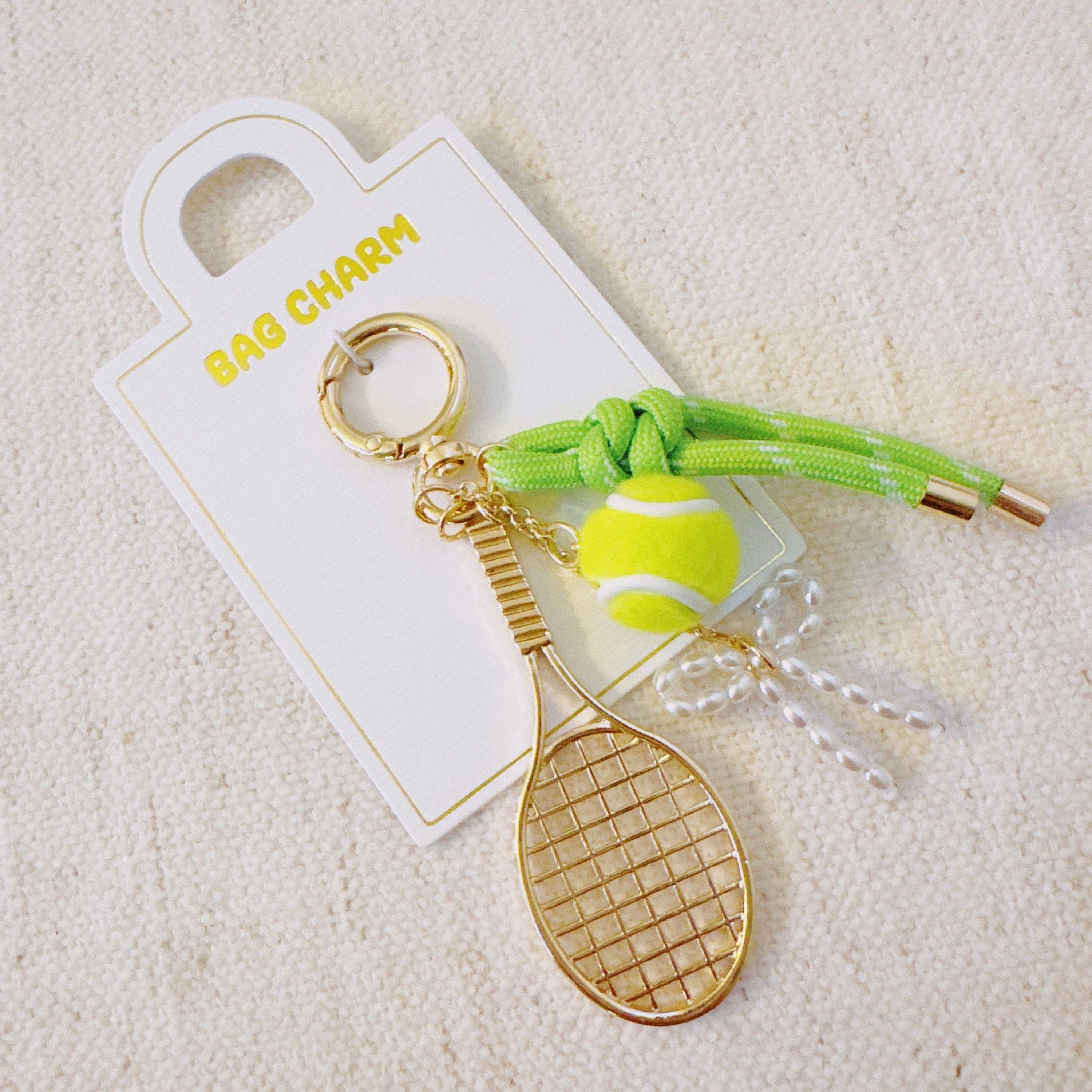 Match Point Tennis Bag Charm – Sporty Gold & Neon Pop with Racket and Ribbon Details
