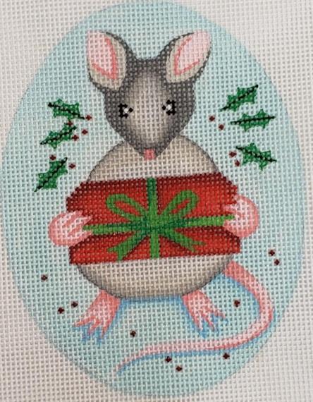 Gray mouse holding red gift box with green bow, decorated with small stars and stripes