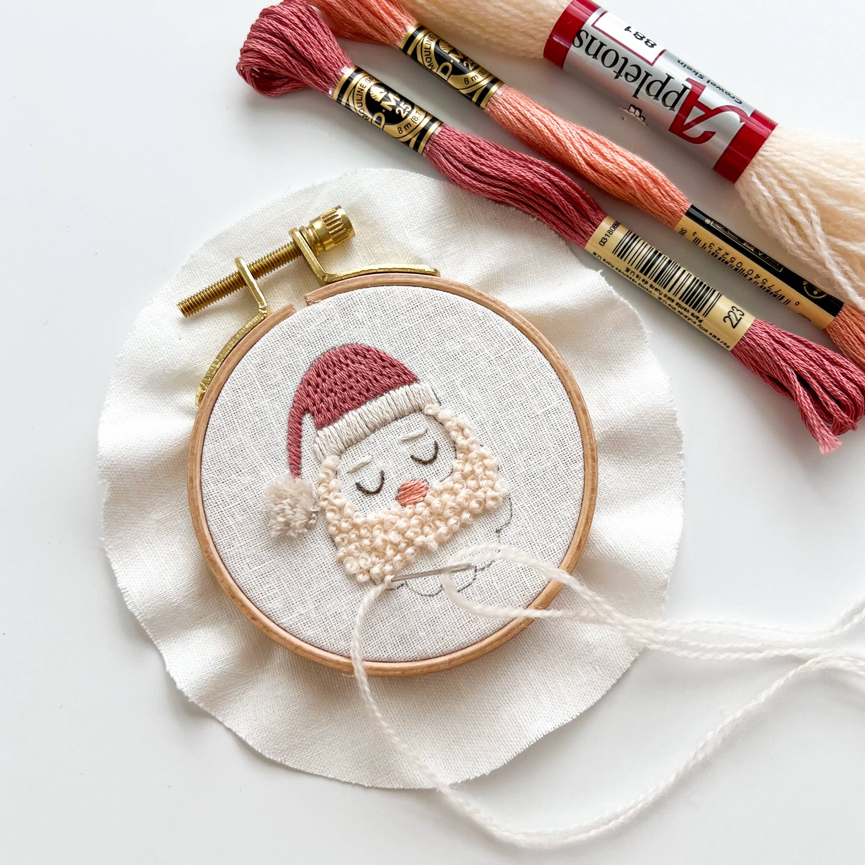 Santa Embroidery Kit, 3” Christmas Tree Ornament, DIY craft