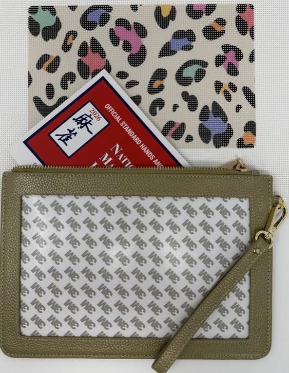 Soft gold leather needlepoint pouch with wrist strap and clear front window