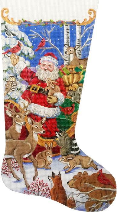 Santa holiday stocking with colorful animal scene, blue backdrop, and Santa in red