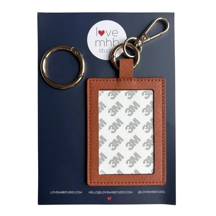 Cognac leather needle minder charm with metal key ring and rectangular label holder