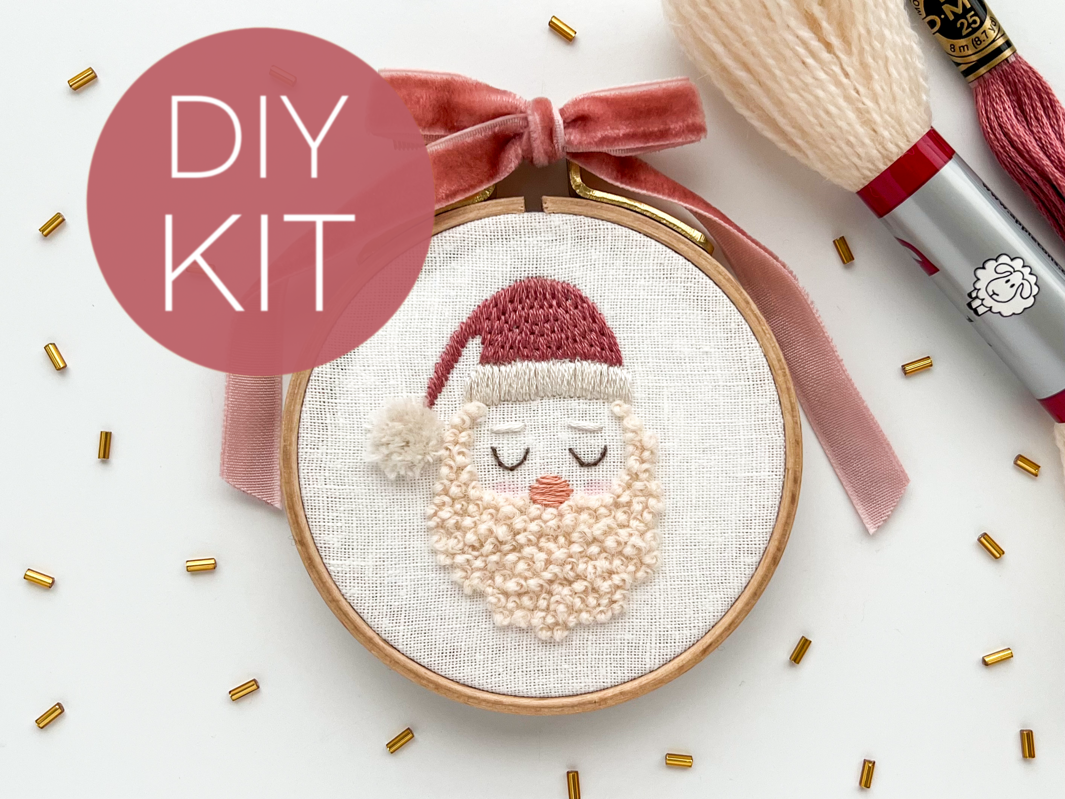 Santa Embroidery Kit, 3” Christmas Tree Ornament, DIY craft