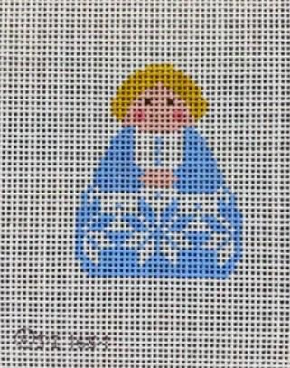Angel ornament with blonde head, blue robe, and a white snowflake design