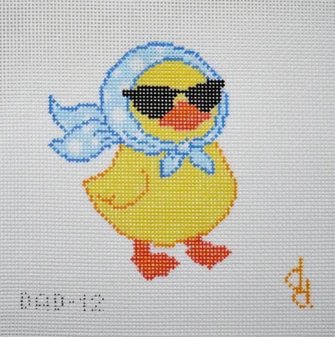 Duck-shaped sunglasses with yellow duck face, blue cap, and dark lenses