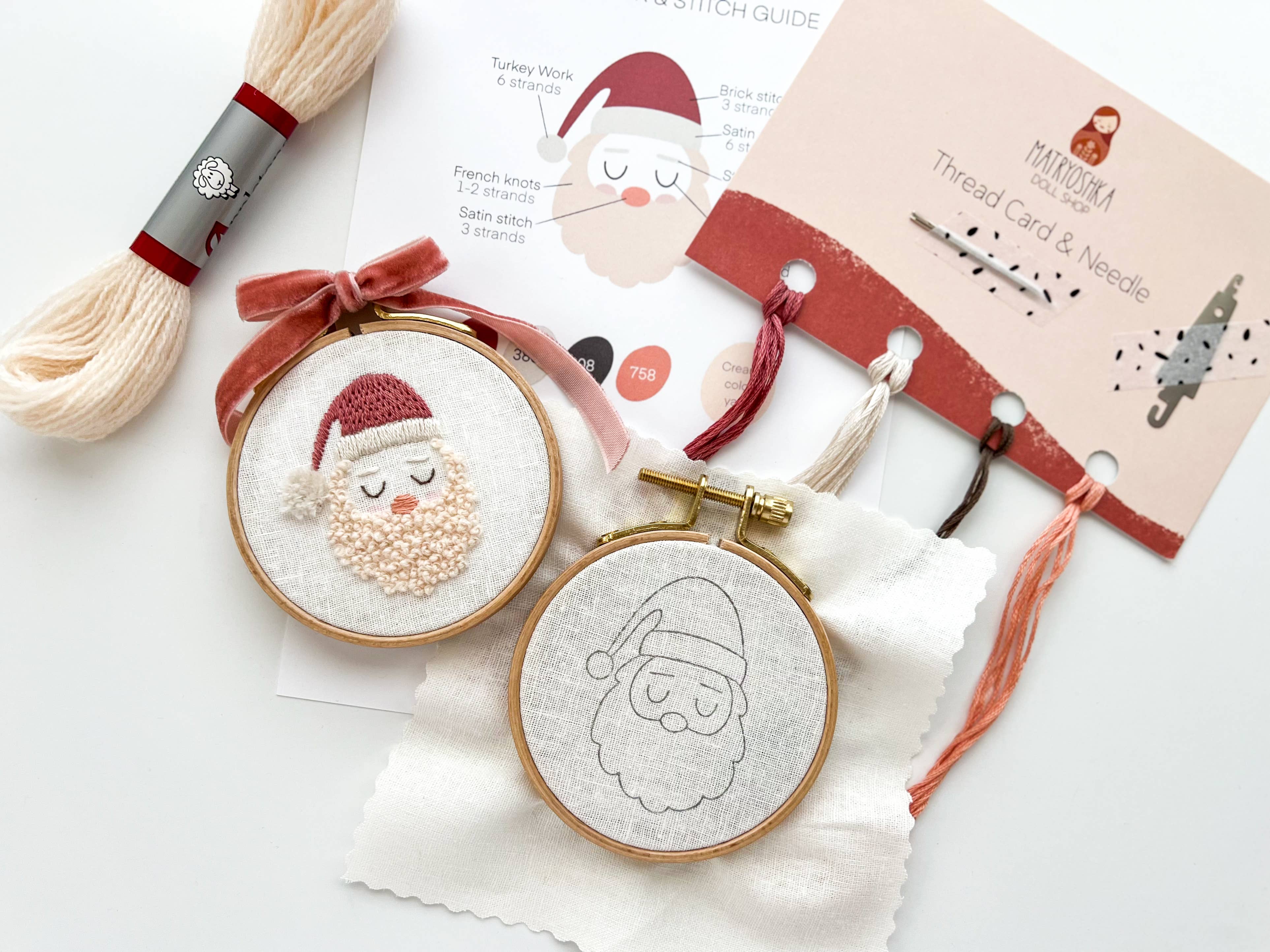 Santa Embroidery Kit, 3” Christmas Tree Ornament, DIY craft