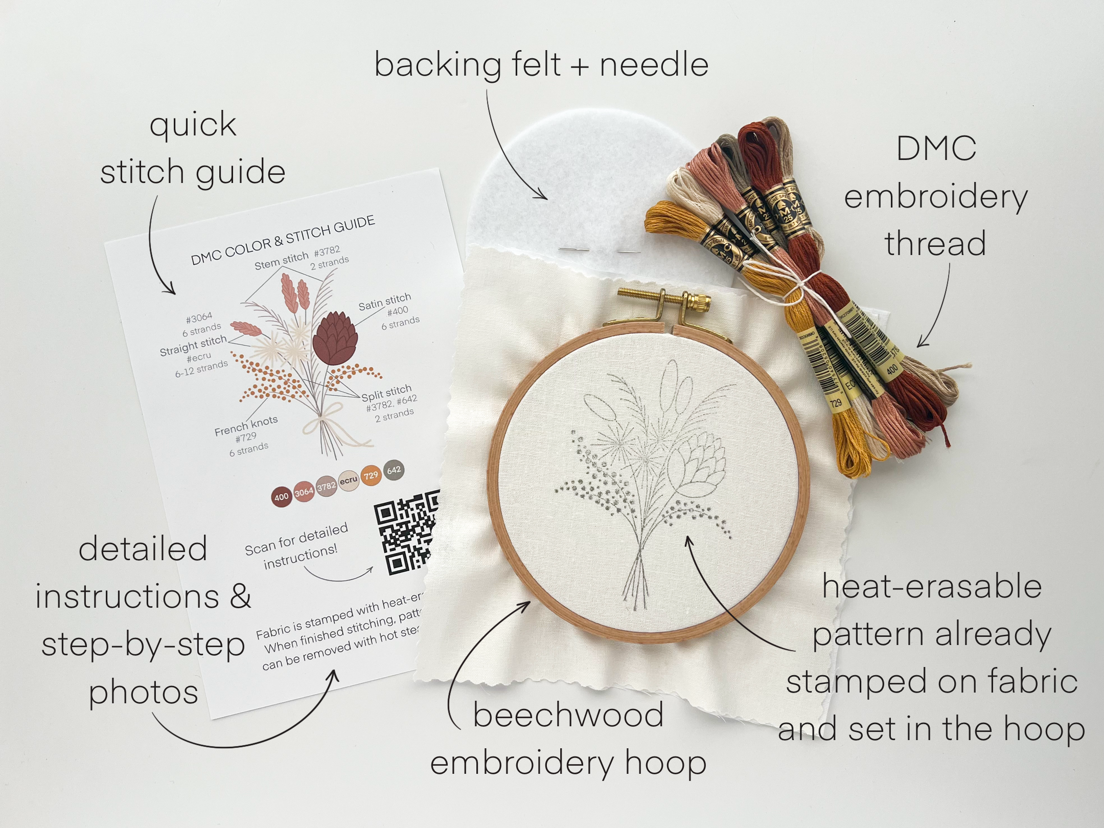 Flowers Bouquet Embroidery Kit, beginner embroidery diy kit