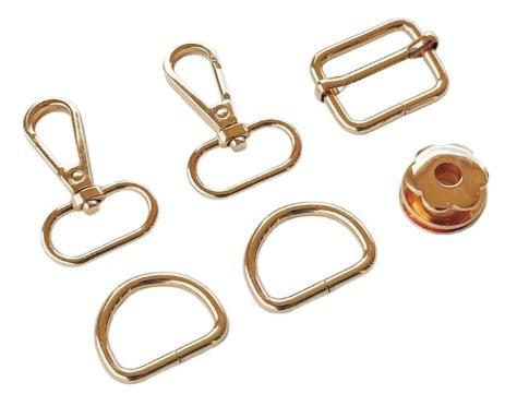 Gold-tone metal bag clasps, D-rings, and grommet eyelet hardware set
