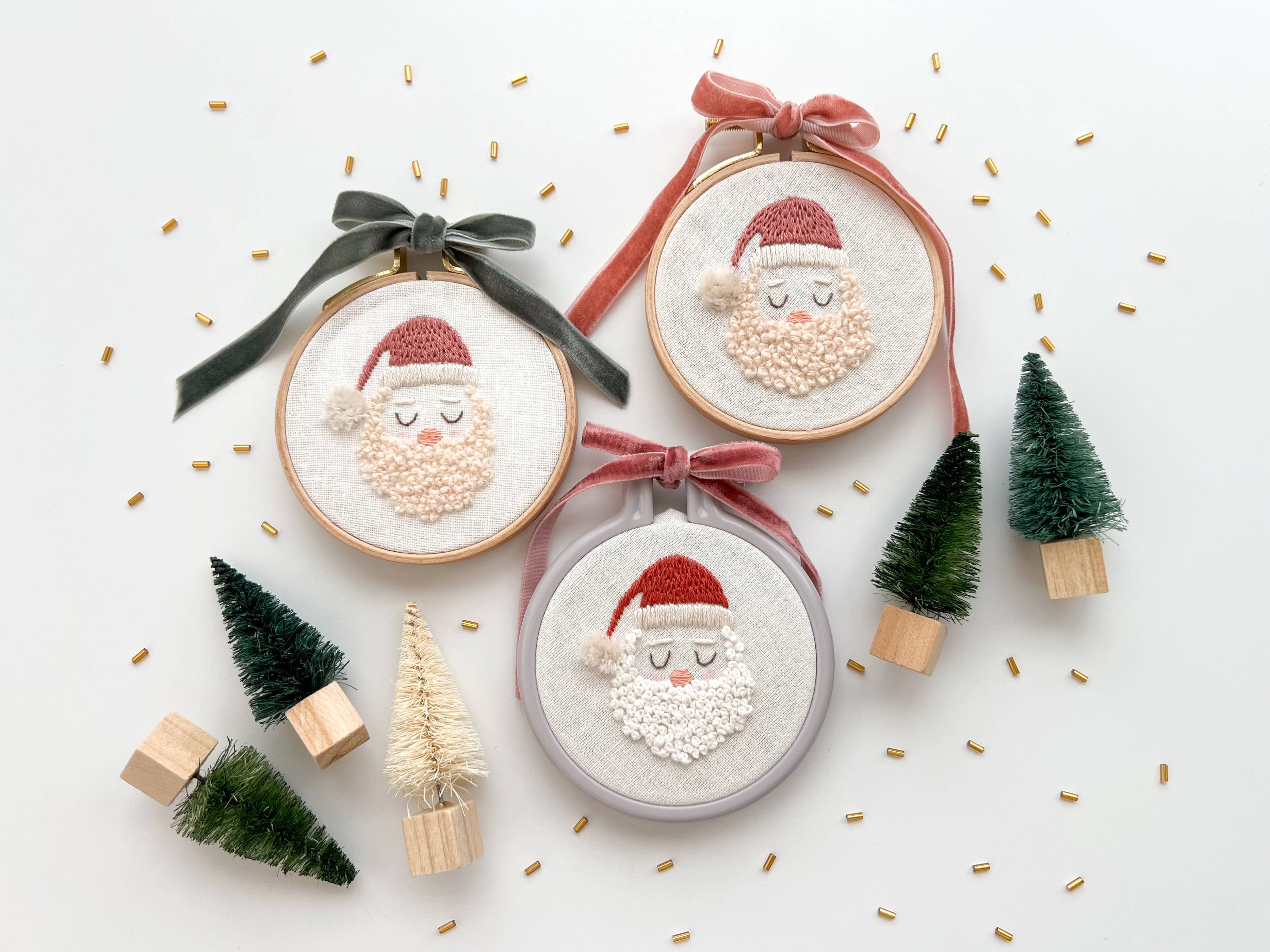 Santa Embroidery Kit, 3” Christmas Tree Ornament, DIY craft