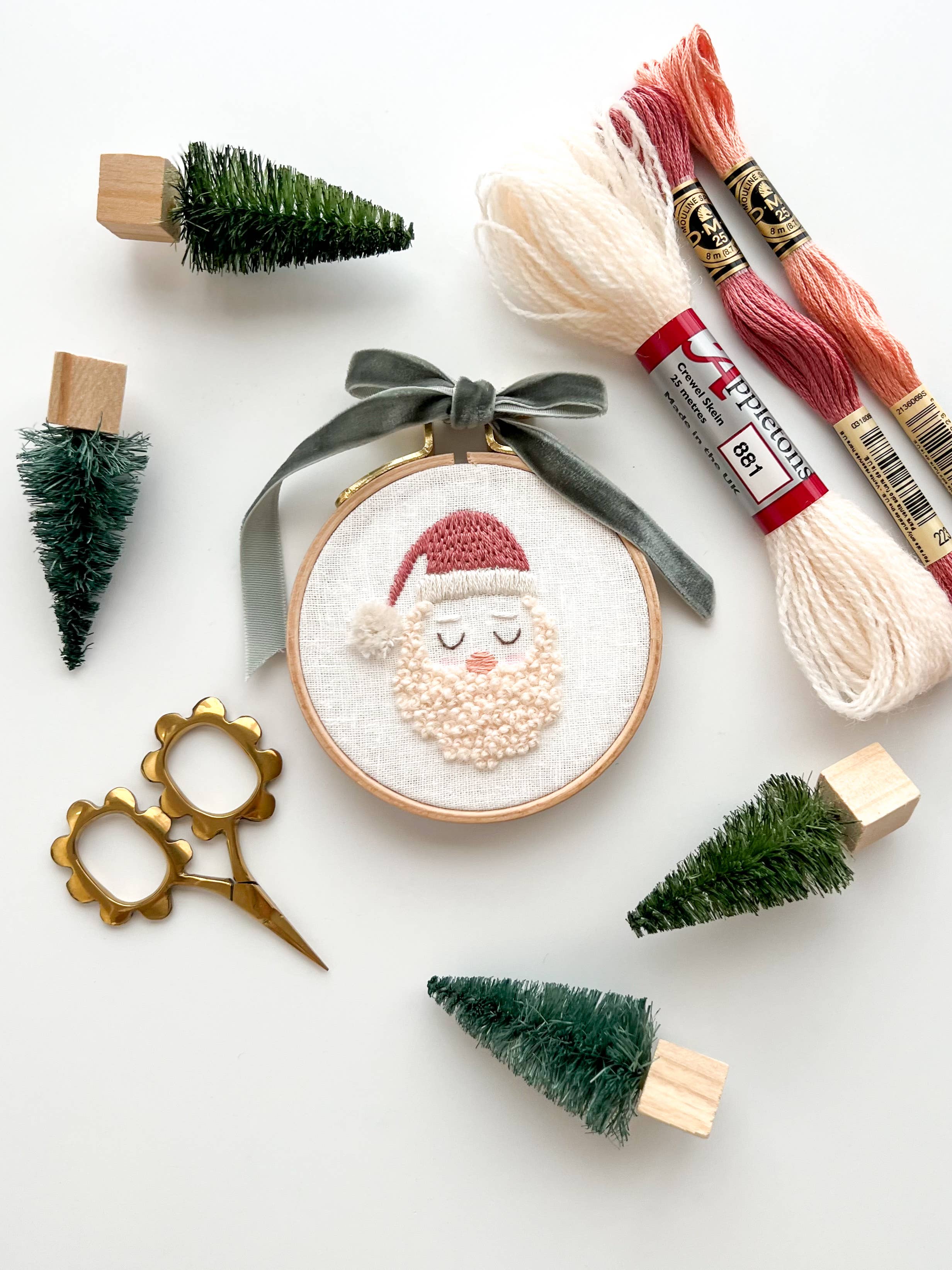 Santa Embroidery Kit, 3” Christmas Tree Ornament, DIY craft