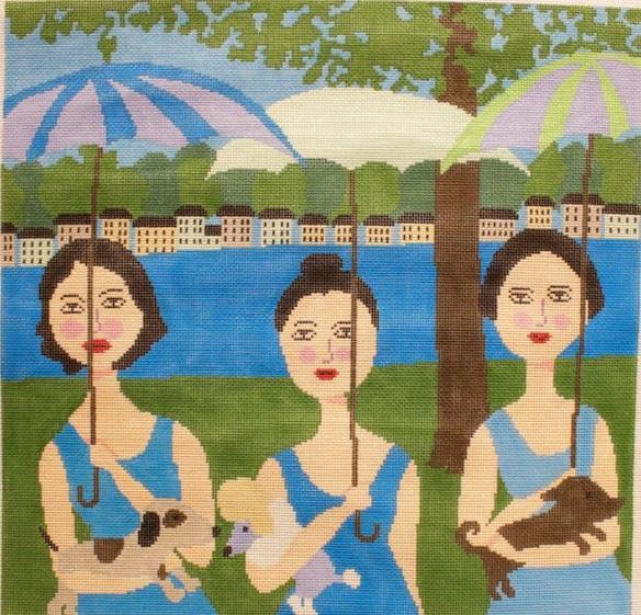 Spring Stroll fabric panel with three people holding umbrellas
