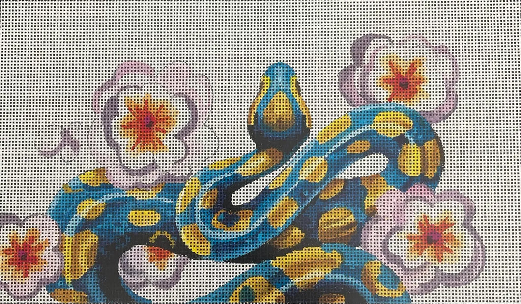 Blue reptile with blooms