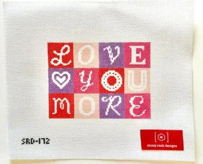 Love You More cross-stitch fabric panel with colorful block letters