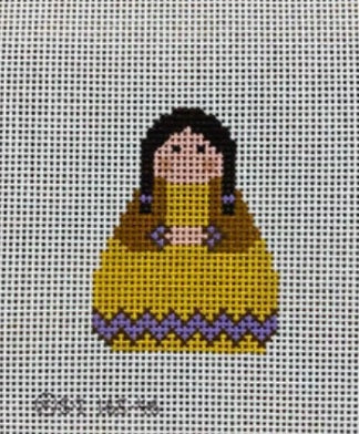 Angel figurine with yellow dress, purple trim, and long dark hair