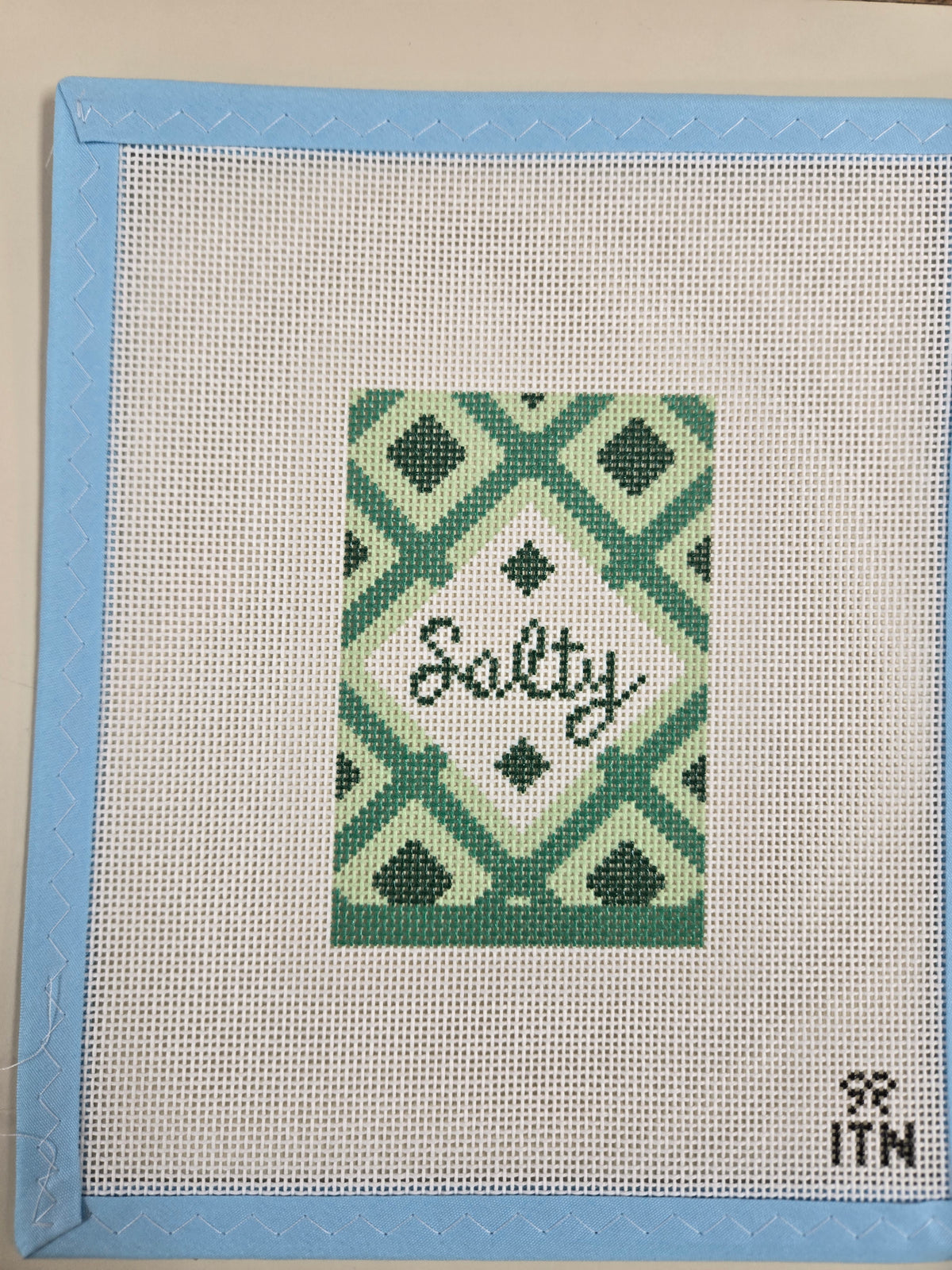 Cross-stitch salt box with blue frame and green 'Salty' pattern