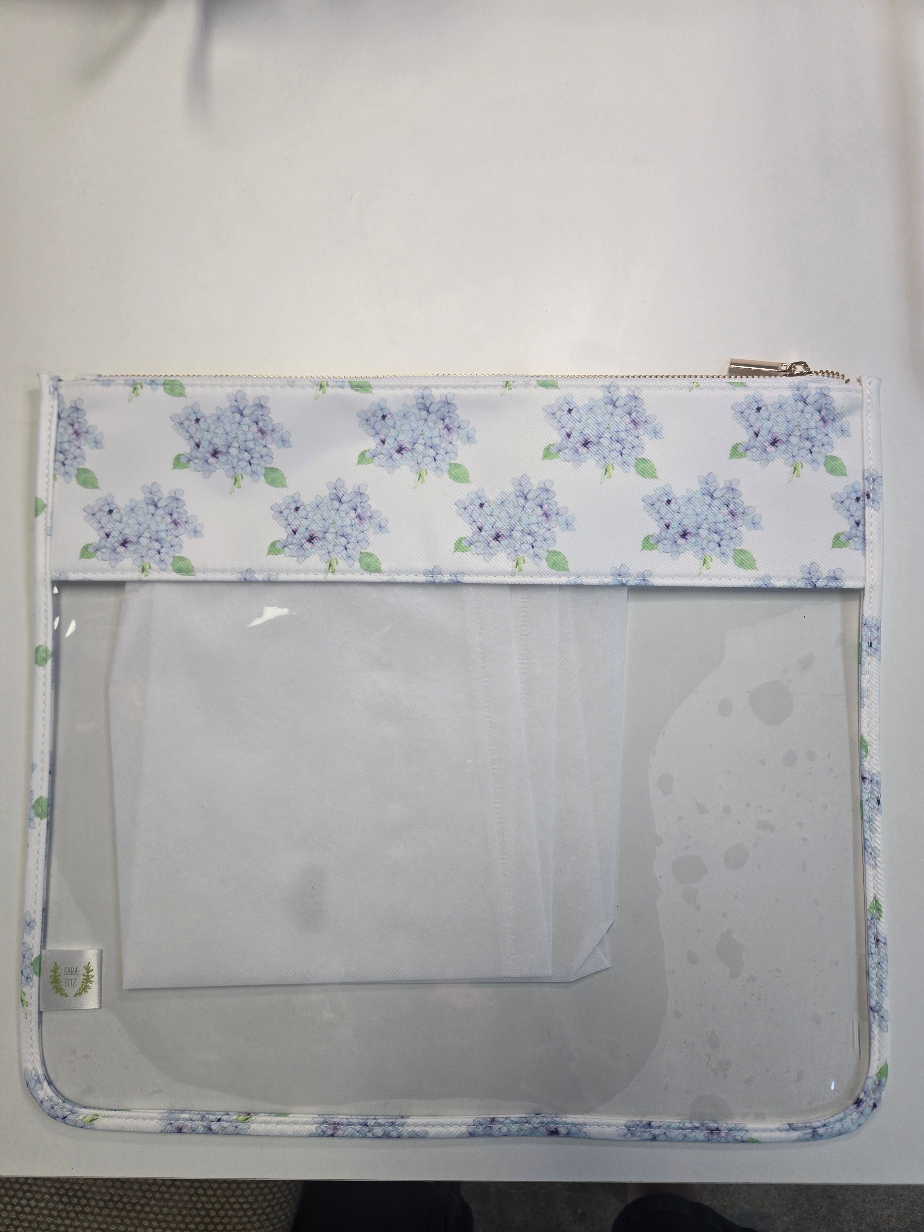 Floral hydrangea-print project bag with zip top and clear front pouch