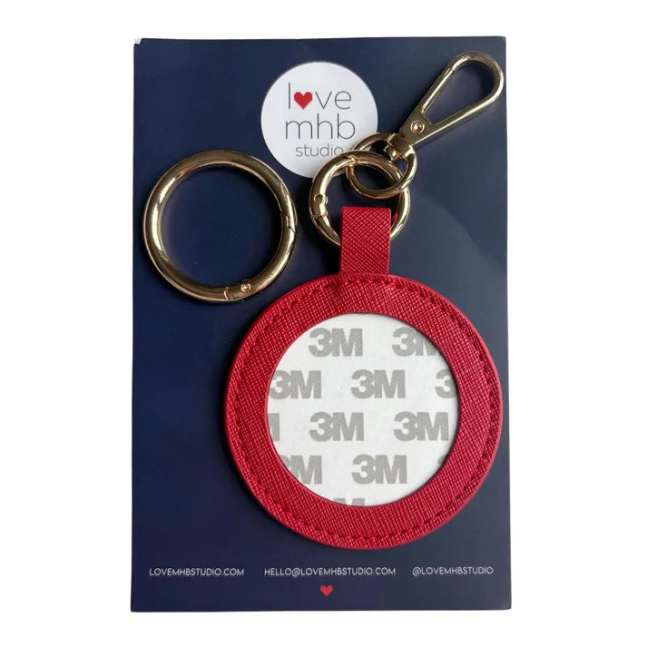 Red leather needle minder charm with metal key ring and round magnet holder