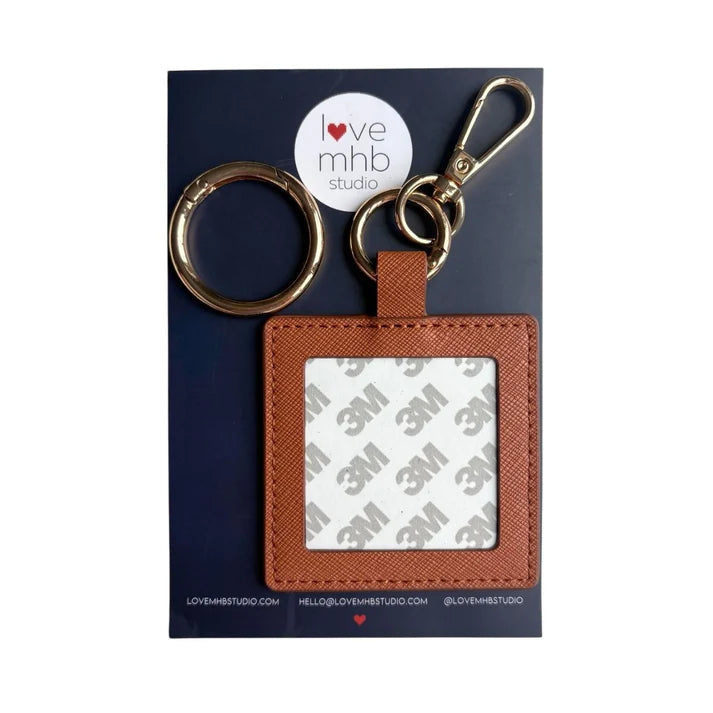 Cognac leather needle minder charm with metal key ring and square label holder