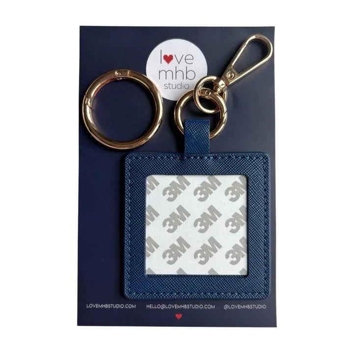 Navy leather needle minder charm with metal key ring and square label holder